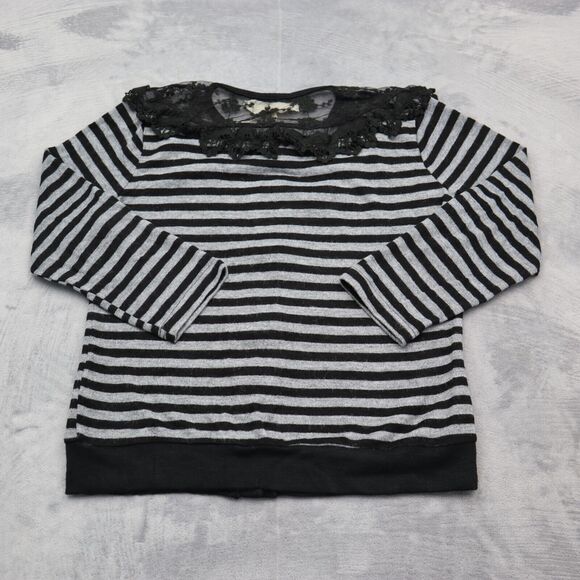 Areve Sweater Womens L Black Gray Cardigan Long Sleeve Stripe Button Knit Lace - Picture 10 of 16